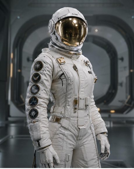 A figure in a sealed spacesuit, face hidden behind a gold visor